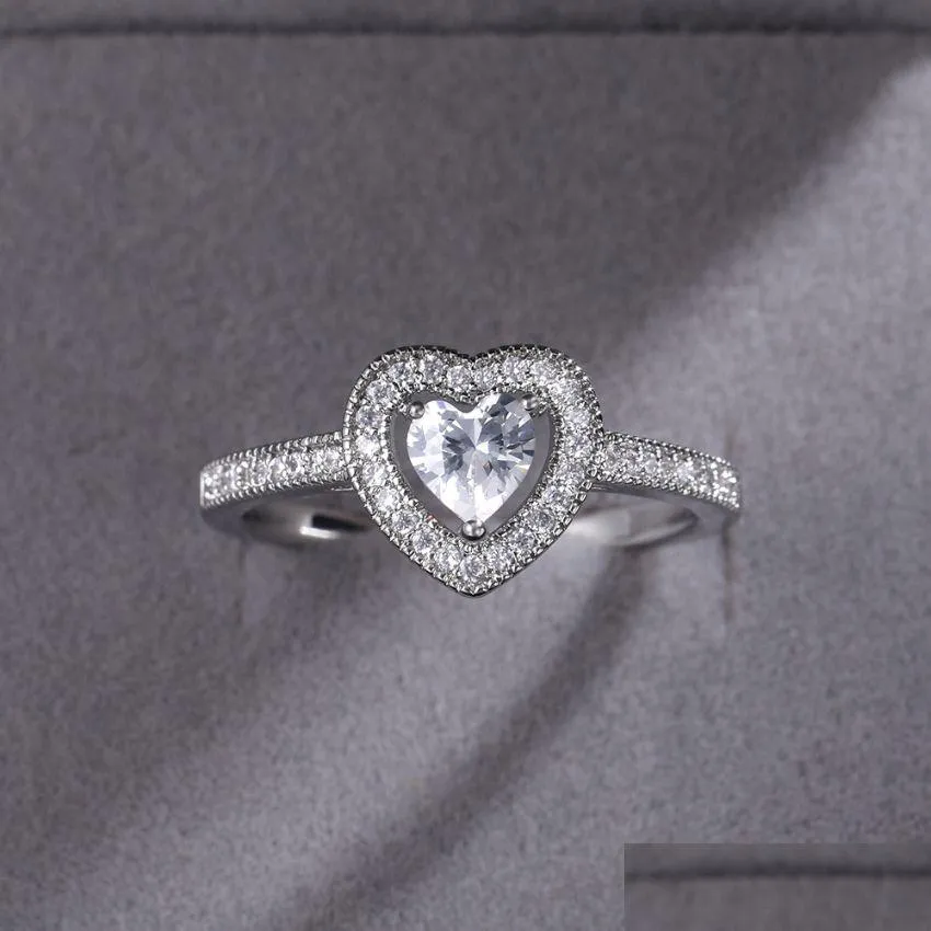 Cluster Ringen Romantische Liefde Hart Zirkoon Diamanten Ring Band Bruid Verlovingstrouwringen Voor Vrouwen Meisjes Mode Fijne Jewe Dhgarden Dh1Ew