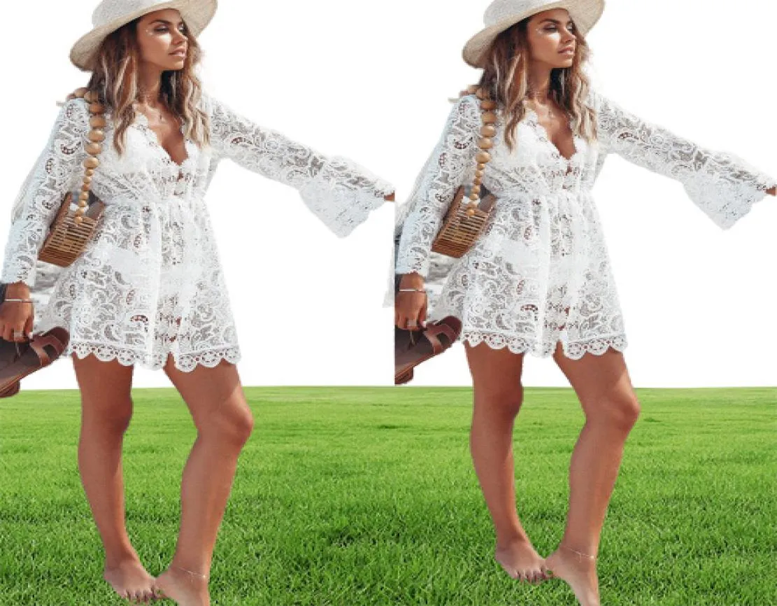 2020 New Summer Women Bikini Cover Up Floral Lace Hollow Crochet Swimsuit CoverUps Bathing Suit Beachwear Tunic Beach Dress 5197000