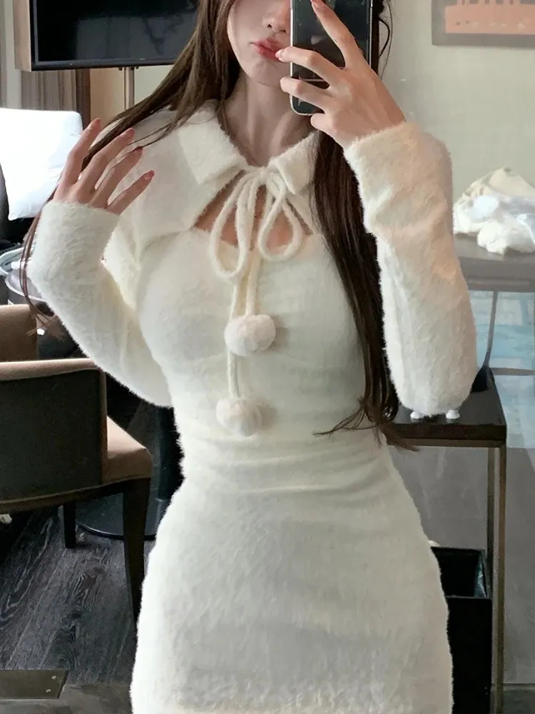 Mini robe de soirée courte de couleur Pure, élégante, moulante, tricotée, pour femme, mode coréenne, Design Slim, printemps, 231228