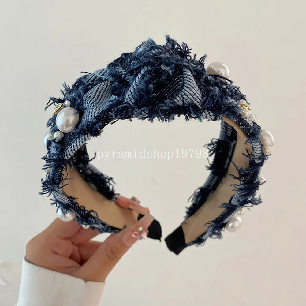 New Korean Denim Knotted Headband Pearl Rhinestone Girls Wide-brimmed Head Hoop Plaid Tassels Hairband Hair Accessories