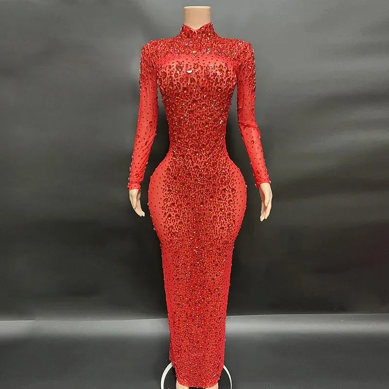 Lüks kırmızı kılıf resmi elbise hihg boyun illüzyon kolları kristal boncuklar akşam kızlar yarışmaları seksi 2024 robe de soiree
