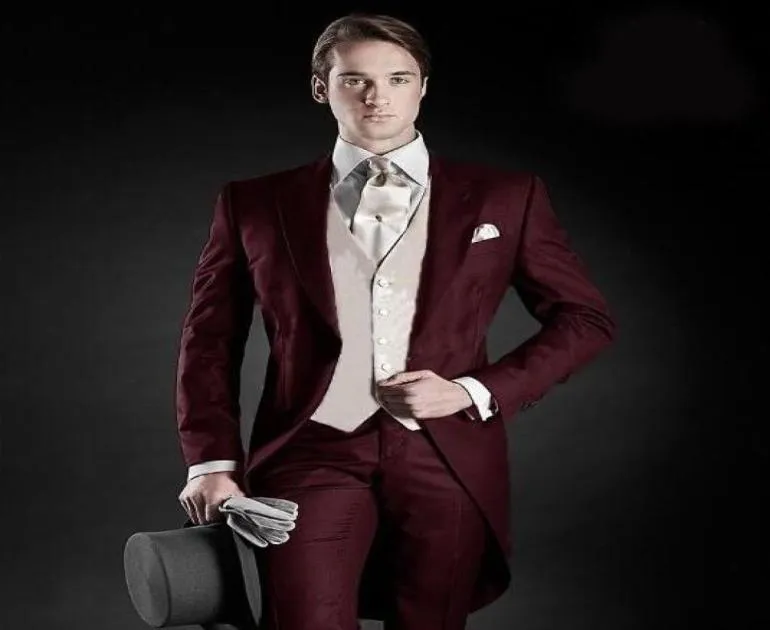 Burgundy Tailcoat Tuxedo Suit: Morning Style, Peak Lapel, 3-Piece Men's  Wedding Groom Suit Jacket, Pants, Vest