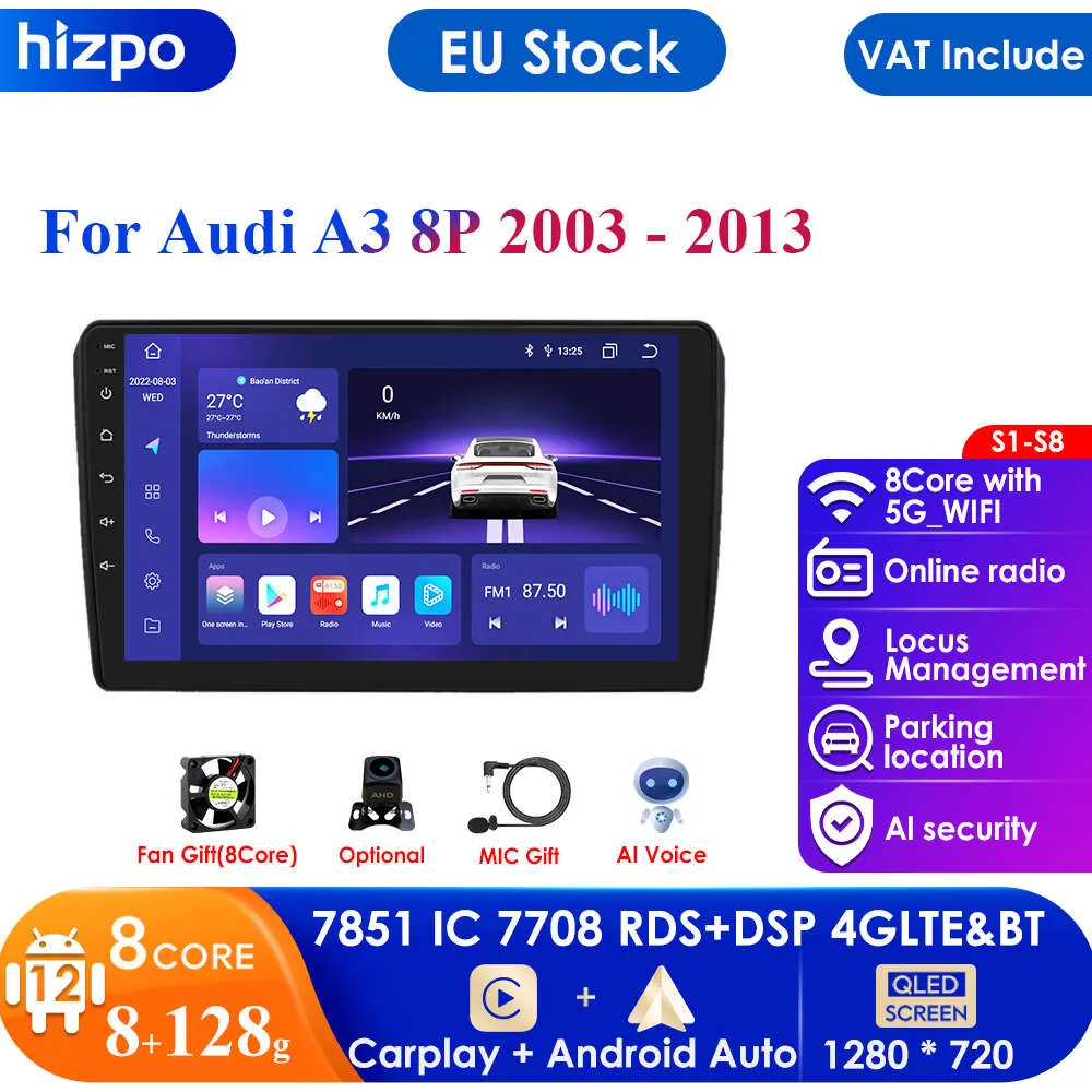 Autoradio Android 2din, Carplay avec voix AI, GPS, Navigation multimédia, sortie Audio et vidéo stéréo, pour Audi A3 8P 2003 – 2012