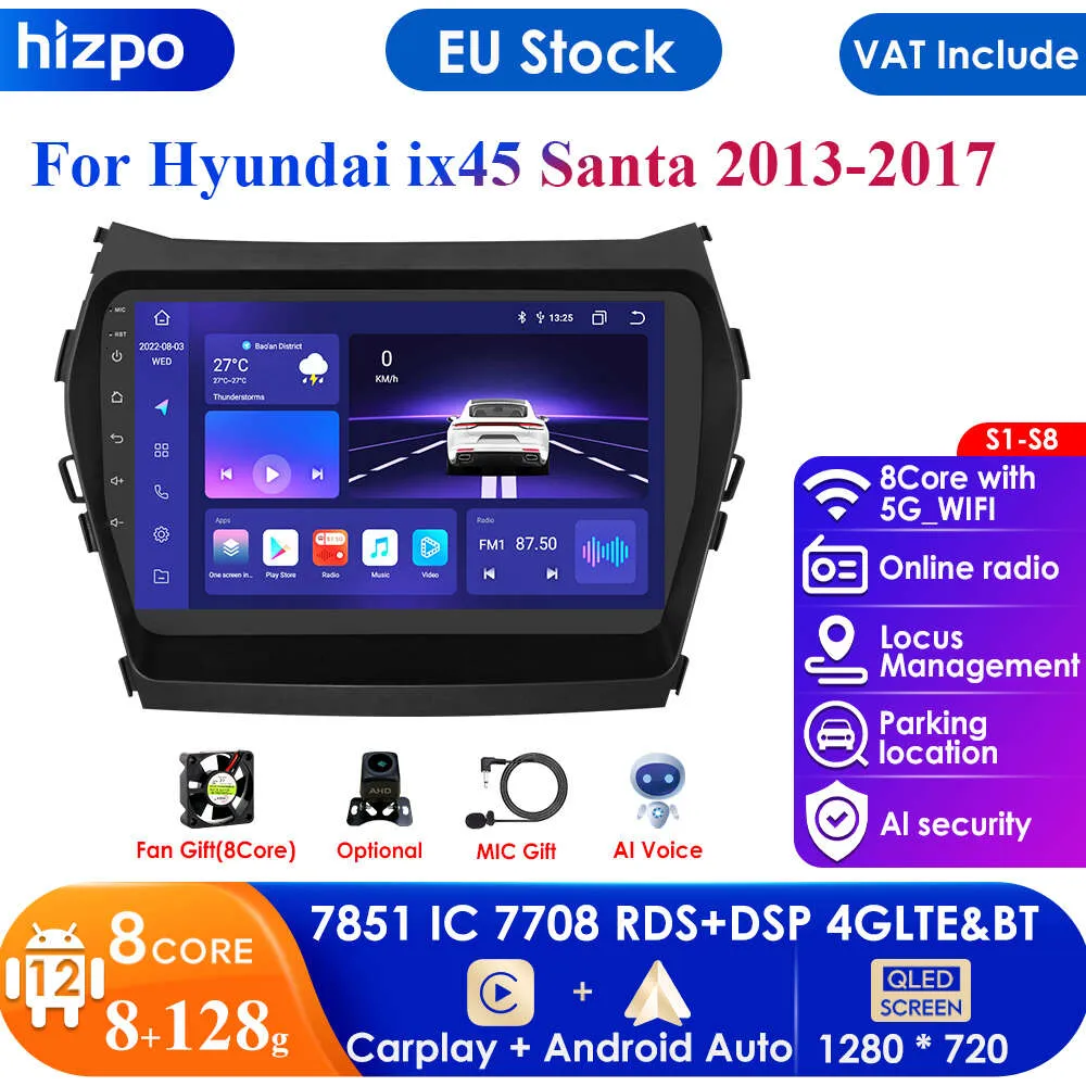 CarPlay 4G 2 Din Android 12 Car Radio Multimedia Video Player dla Hyundai Santa Fe 3 2013-2017 IX45 Nawigacja GPS stereo DSP BT