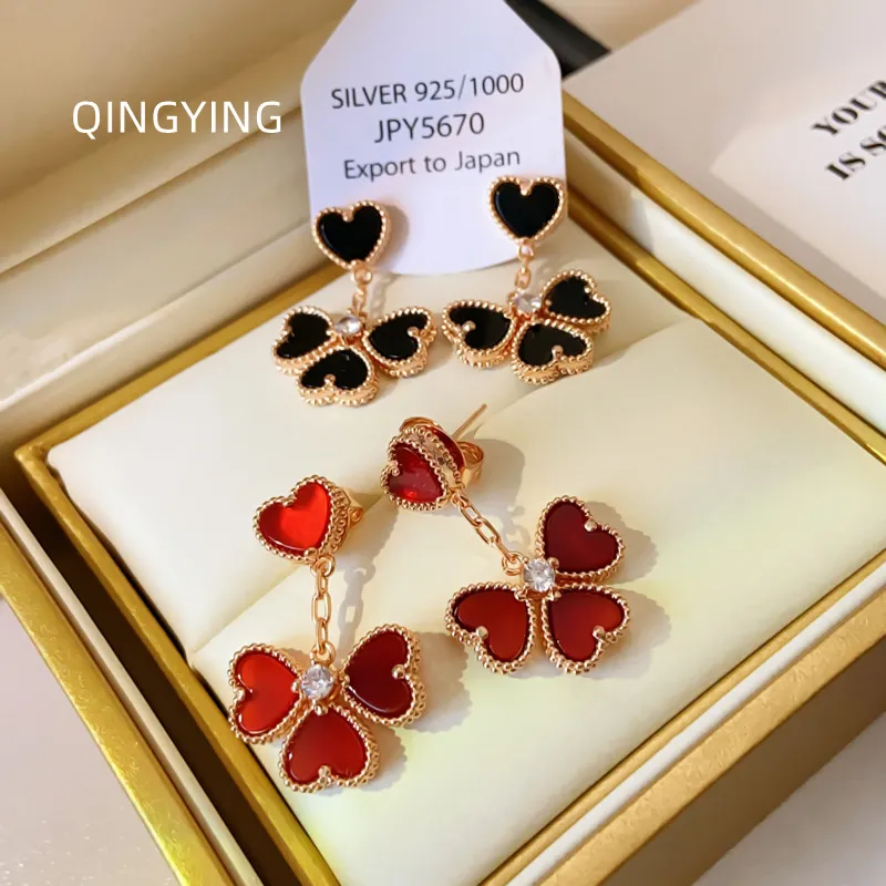 New designed Luxury black Red Agate Love Four Leaf Flower Tassel Earrings jewelry A0236