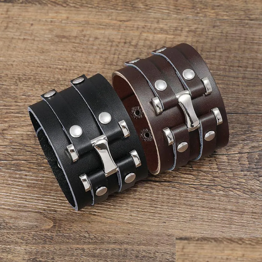 Armreif Leder Armreif Manschette Breit Mtilayer Wrap Button Verstellbares Armband Armband Für Männer Frauen Modeschmuck Drop Delive Dhgarden Dhszp