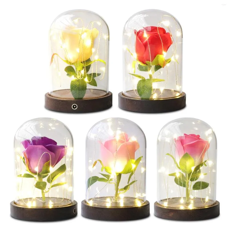 Decorative Flowers LED Rose Lamp 20 LEDs Beads String Light Artificial Flower Wood Base Romantic Gifts For Valentine's Day Birthday Wedding