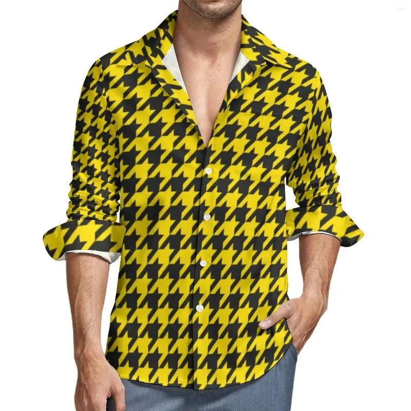 Chemises décontractées pour hommes Jaune Black Houndstooth mâle millésime à manches longues Blouses élégantes Vêtements imprimés d'automne grande taille