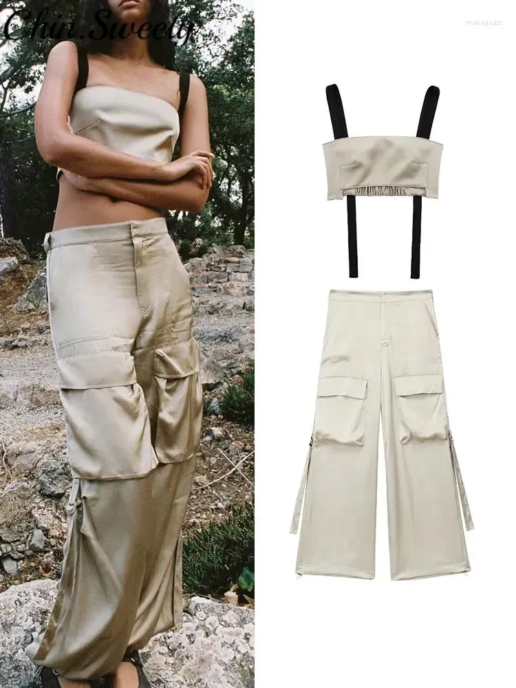 Women's Two Piece Pants Suit Summer Y2k Vest Cargo Pant Slip Tube Tank Top Female Set Staight Loose Pockets Zippers Trouser Pieces Sets Lady