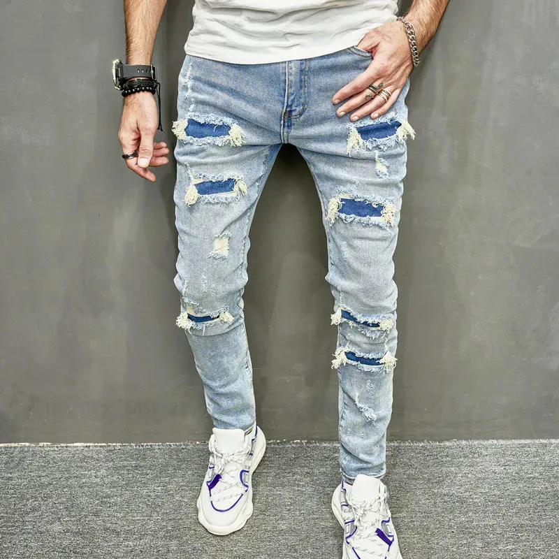 Mannen gaten casual skinny jeans broek streetwear mannelijke stijlvolle gescheurde effen hip hop slanke denim broek 231228