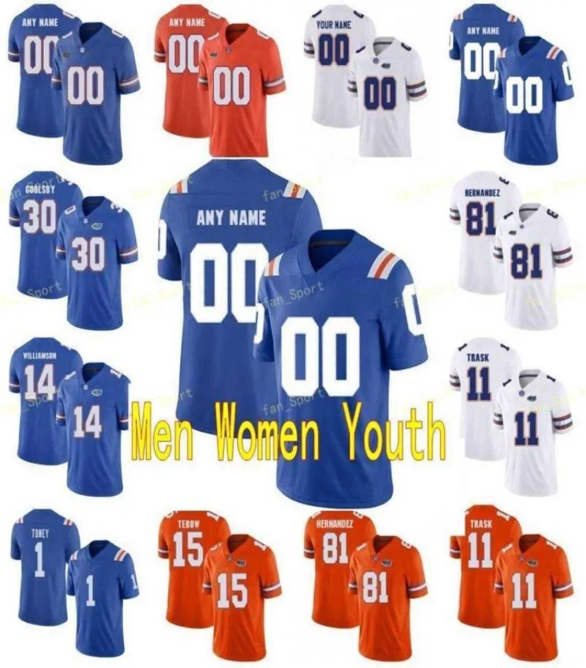 Jerseys de collège Floride 15 Tim Tebow 11 Kyle Trask 81 Aaron Hernandez 1 Kadarius Toney 2 Périque de football personnalisé en lame 3122694