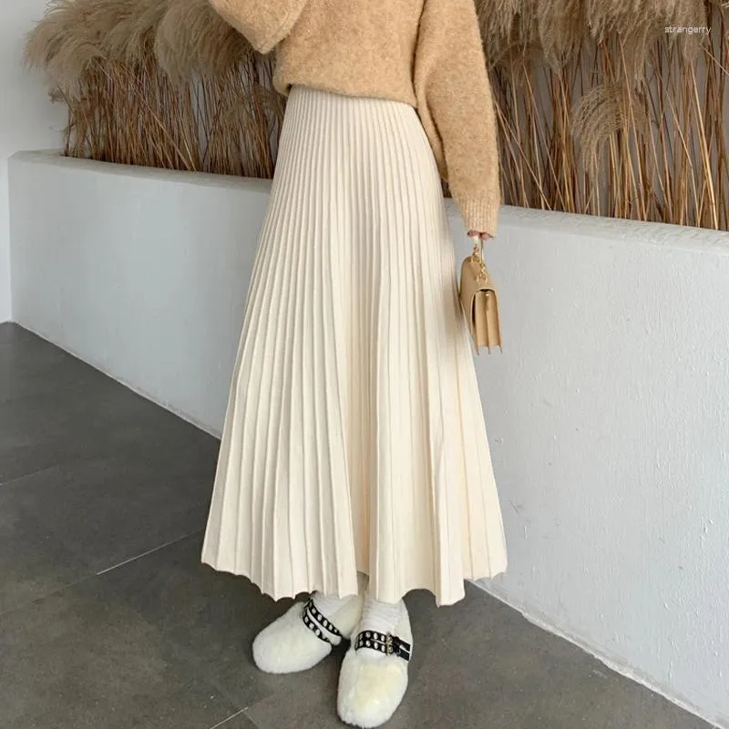 Skirts Winter Thickened Rib Knitted Large Swing Maxi Long Elegant Solid A-line Pleated Ankle Length Knit Coffree Beige