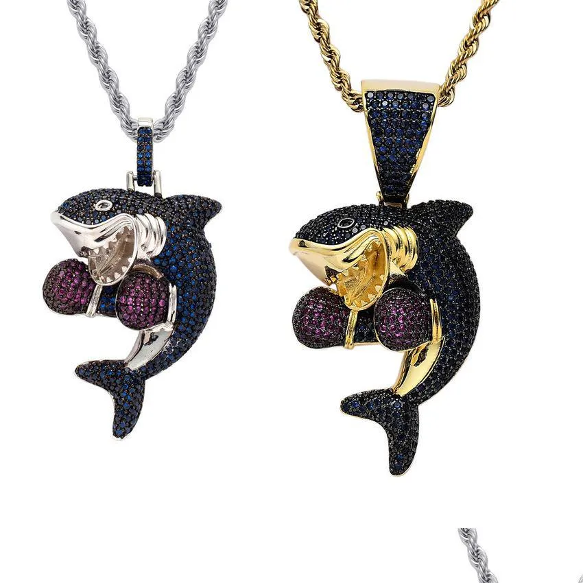 Jewelry Sport Boxing Shark Necklace Bling Jewelry Set 18K Gold Diamond Cubic Zirconia Animal Pendant Hip Hop Necklaces For Women Men S Dhjfs