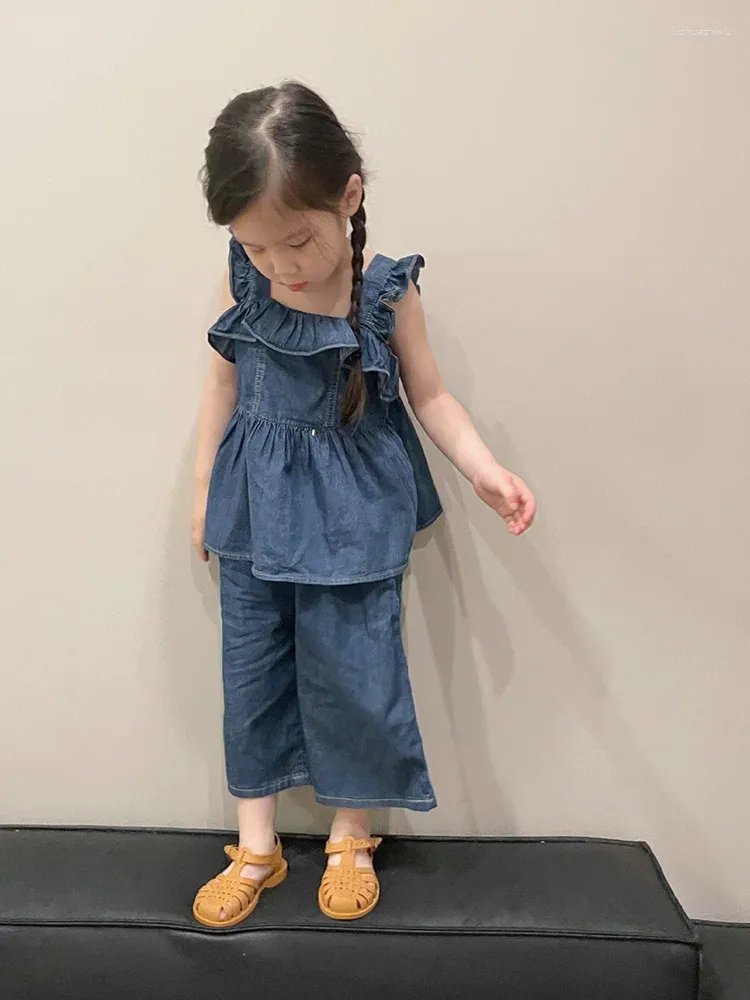 Ensembles de vêtements pour enfants coréens, version 2023, costume d'été pour filles, moyen et petit denim, gilet en dentelle