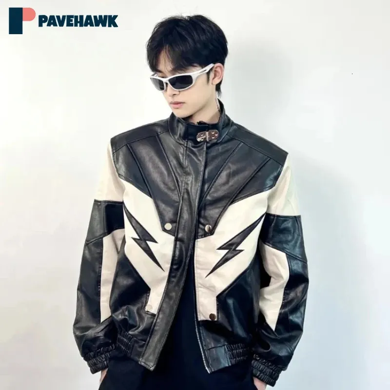 Motorcykeljacka Män kvinnor High Street Vintage American Patchwork Leather Racing Jackets Lossa Casual Handsome Coats Unisex 231227