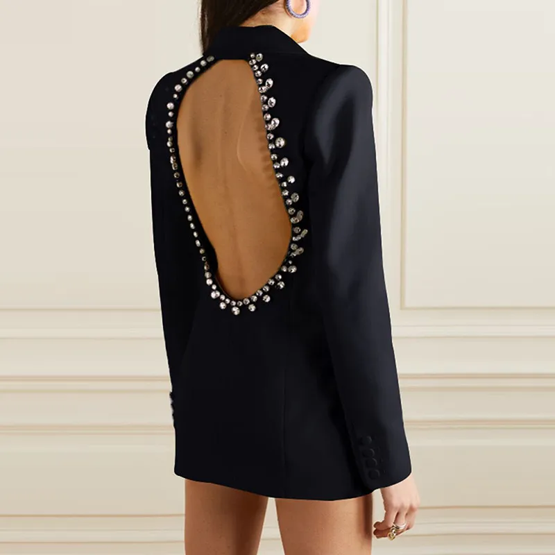 Backless Rhinestone Rhinestone Accented Backless Blazer: Premium Wool Blend Jacket for ...