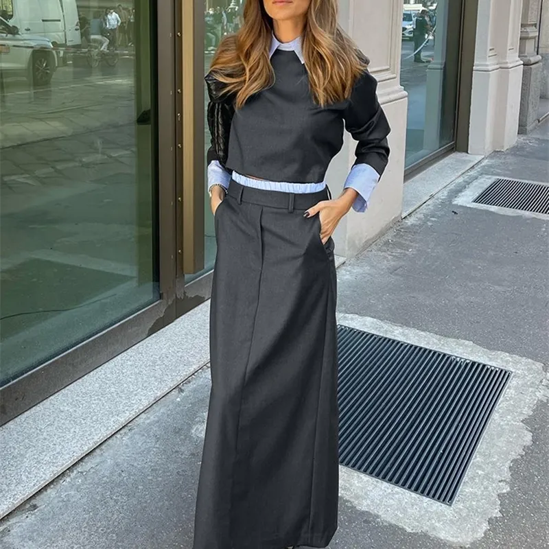 DHgate Oymimi Fashion Loose Gray Office Skirt Set for Women 2 Piece Elegant Long Sleeve Crop Top with High Waist Skirt Apparel