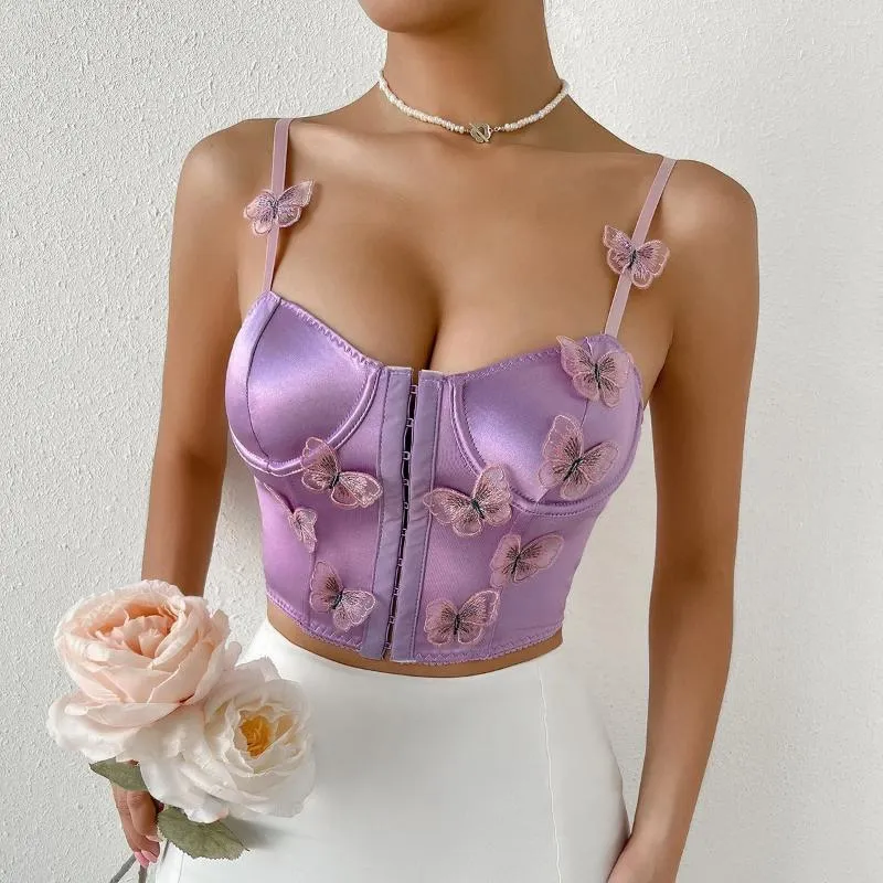 Women's Tanks Summer Women Camisole Sexy Butterfly Embroidery Top Sleeveless Satin Silk Tank Short Girls Crop Cute Streetwear Aesthetic