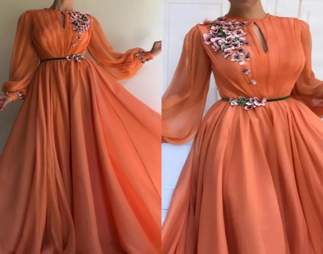 Elegante arancione maniche lunghe pizzo floreale 3D Dubai abiti da ballo 2020 ALine chiffon islamico arabo abito da sera lungo Robe de soiree 9477826