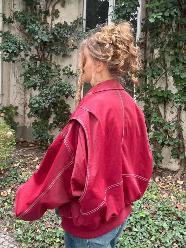ジャケット・アウター cherry[Drawer] Coat 38 DHgate.com:Womens Cherry Red Genuine Leather Lapel Oversized