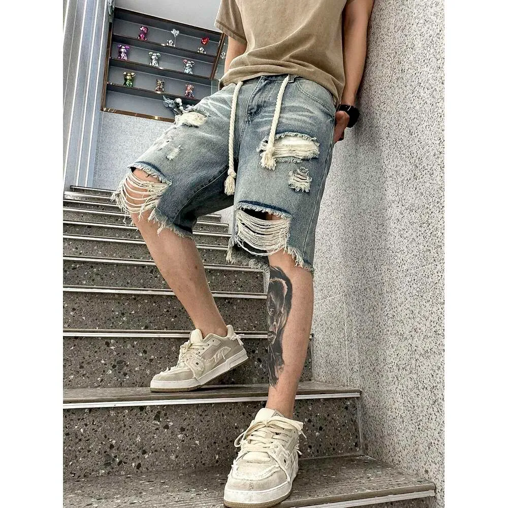 Men's Summer Street Style Ripped Dye Design Denim Shorts with High Stretch Knee Length Comfort