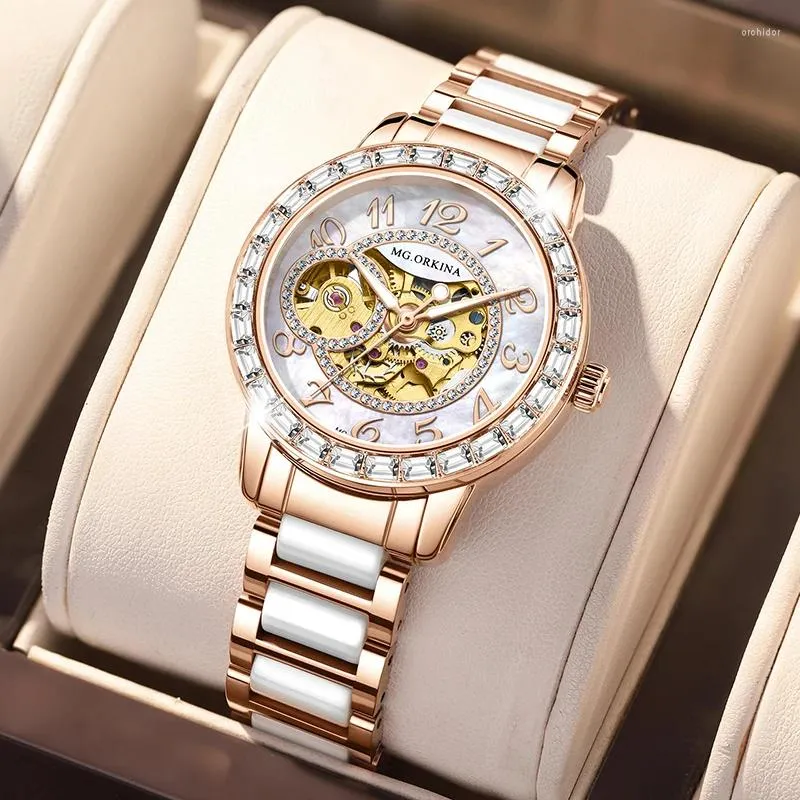 腕時計オルキナ女性の自動時計スケルトンメカニカルレディースエレガントラグジュアリードレスゴールドギアダイヤモンドホワイトセラミックバンドウォッチ