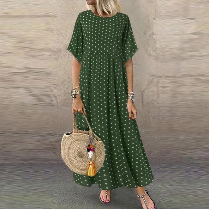 Casual Dresses O Neck Kort ärm klänning för kvinnor elegans sexiga kläder plus size dot polka peinted flowy long robe femmes