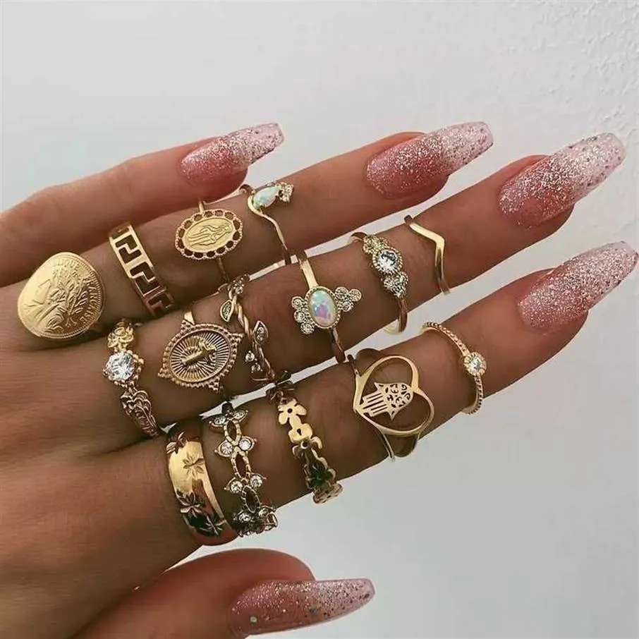 15 st Pack Antique Midi Finger Ring Set för kvinnor Bohemian Gold Color Stone Vintage Punk Rings Fashion Party Boho Jewelry Gifts X228C