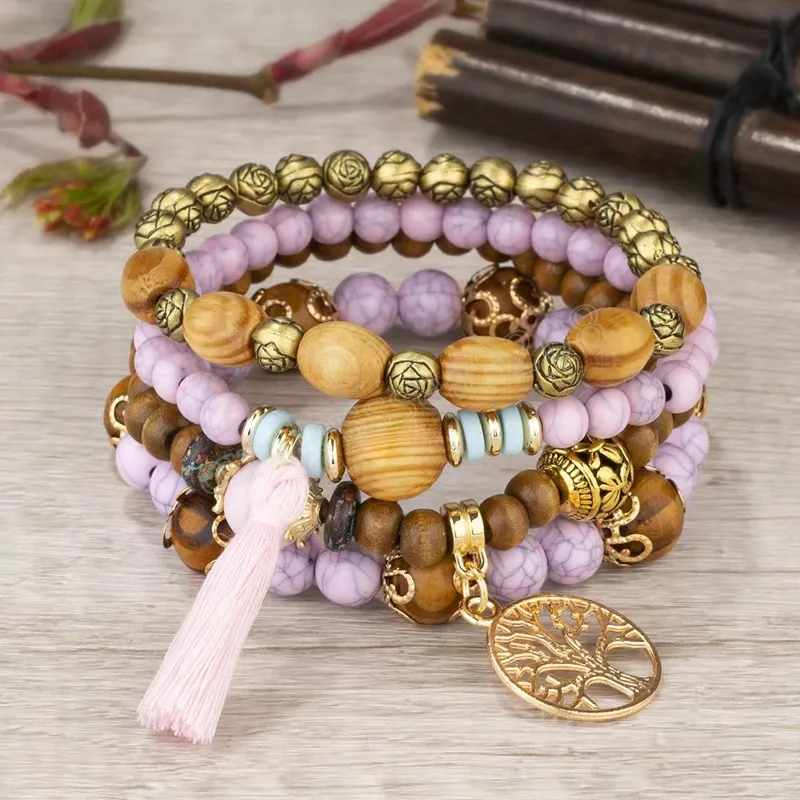 Boho Levensboom Armband Set Voor Vrouwen Mode Kwasten Charme Houten Kralen Elastische Ketting Bangle Meisje Trendy Partij Sieraden