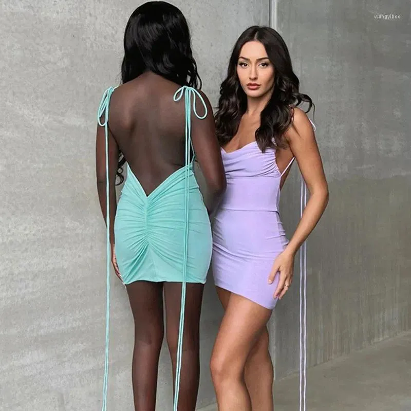 Casual Dresses Sexig Ruched Backless Bodycon Mini för kvinnor 2023 Summer Spaghetti Strap Sleeveless Party Night Club Birthday Dress Robes