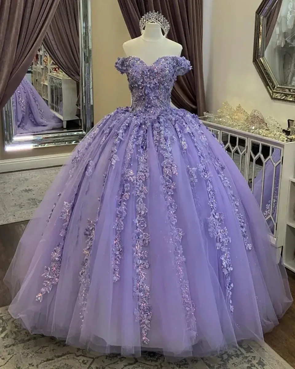 Quinceanera Robes Lavande Fête Bal Robe De Bal Applique Perlée Personnalisé Fermeture À Glissière À Lacets Grande Taille Nouveau Tulle 3D Floral Appliques Paillettes Hors-Épaule