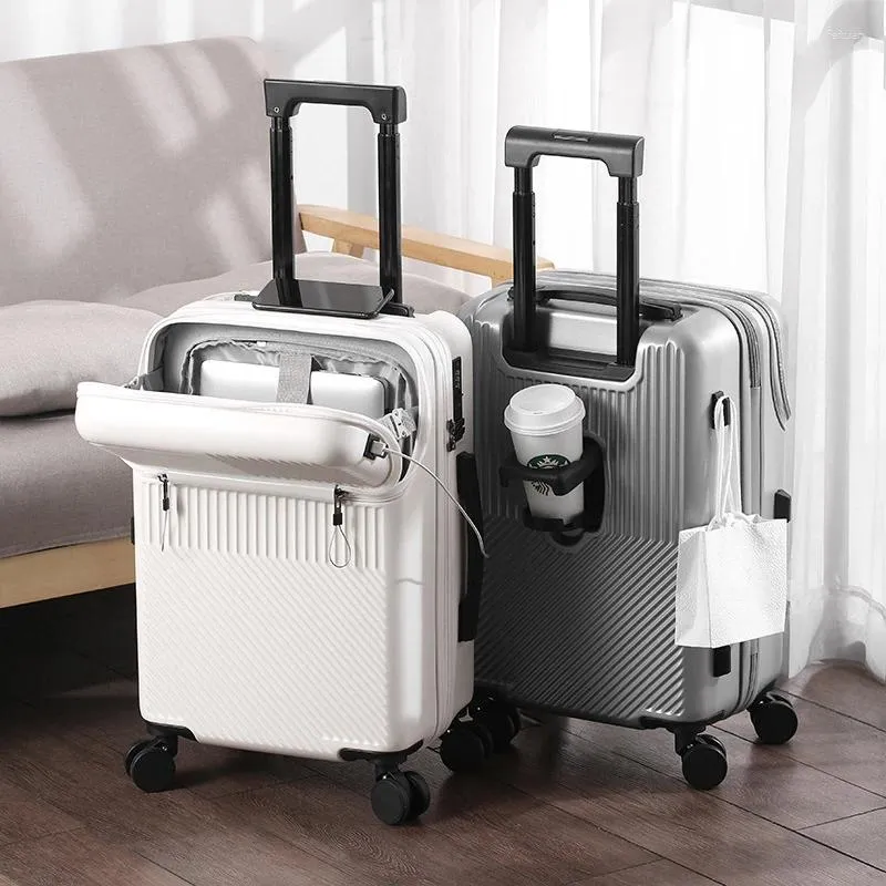 Koffer USB Multifunktional vordere Öffnung Gepäck große Kapazität Frauen Leder Koffer Tasse Halter Trolley Rravel 20 -Zoll -Kofferraum Männlich