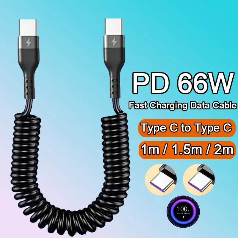Câble de type C vers USB C de 1 m pour voiture 60 W PD câble en spirale à ressort rétractable à charge rapide USB-C/micro cordon de chargeur pour Samsung S24 S23 Xiaomi iPhone15