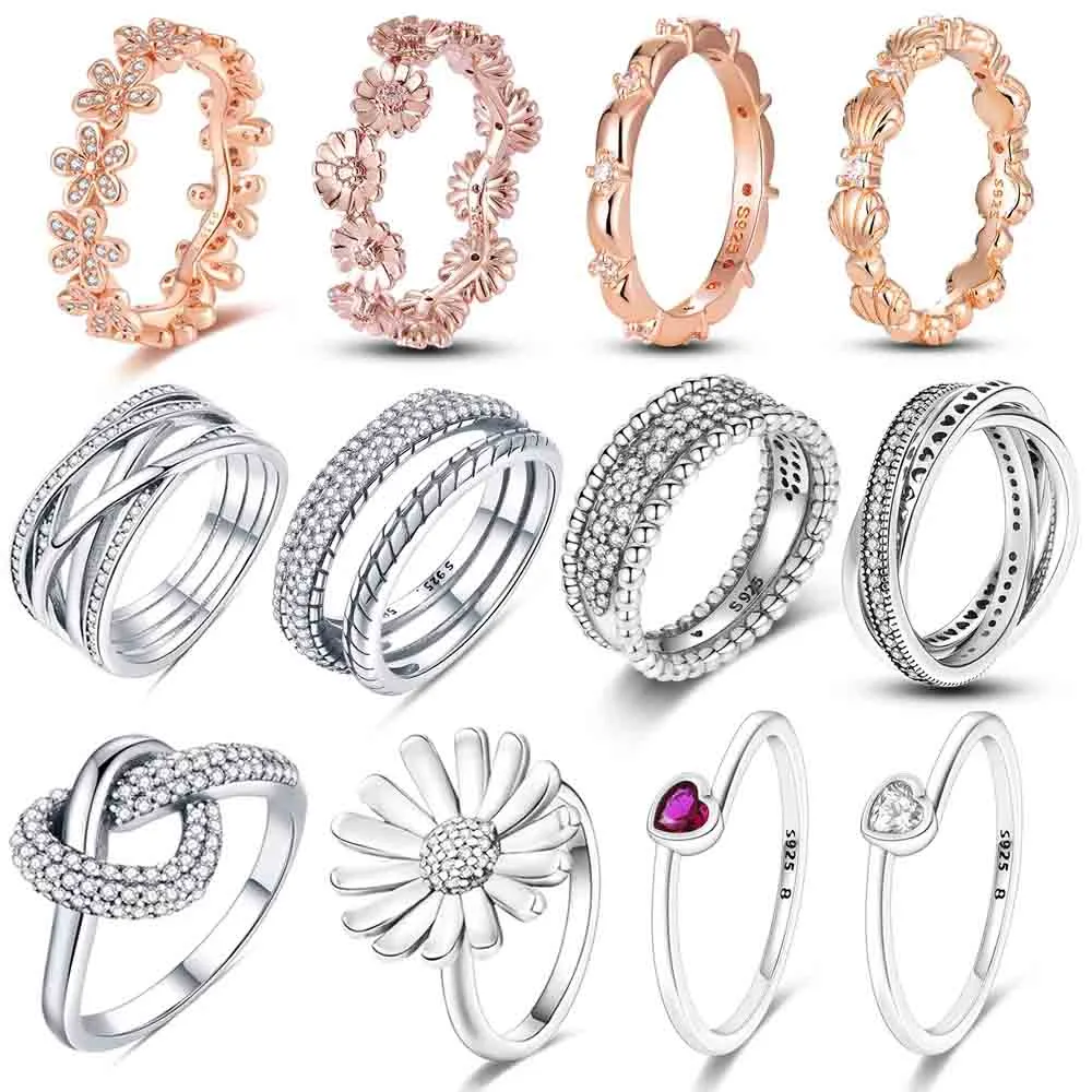 Gorąca wyprzedaż 925 Sterling Srebrny Stackable Infinite Heart Daisy Flower Pierścień dla kobiet Oryginalne 925 Srebrne pierścienie
