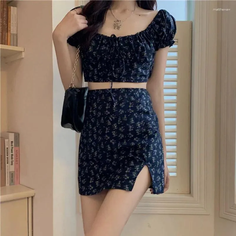 Work Dresses Girl Group Shorts Sets Dress Broken Flower Skirts Exposed Navel Two Piece Set Women Split Skirt Puff Sleeve 2 2023