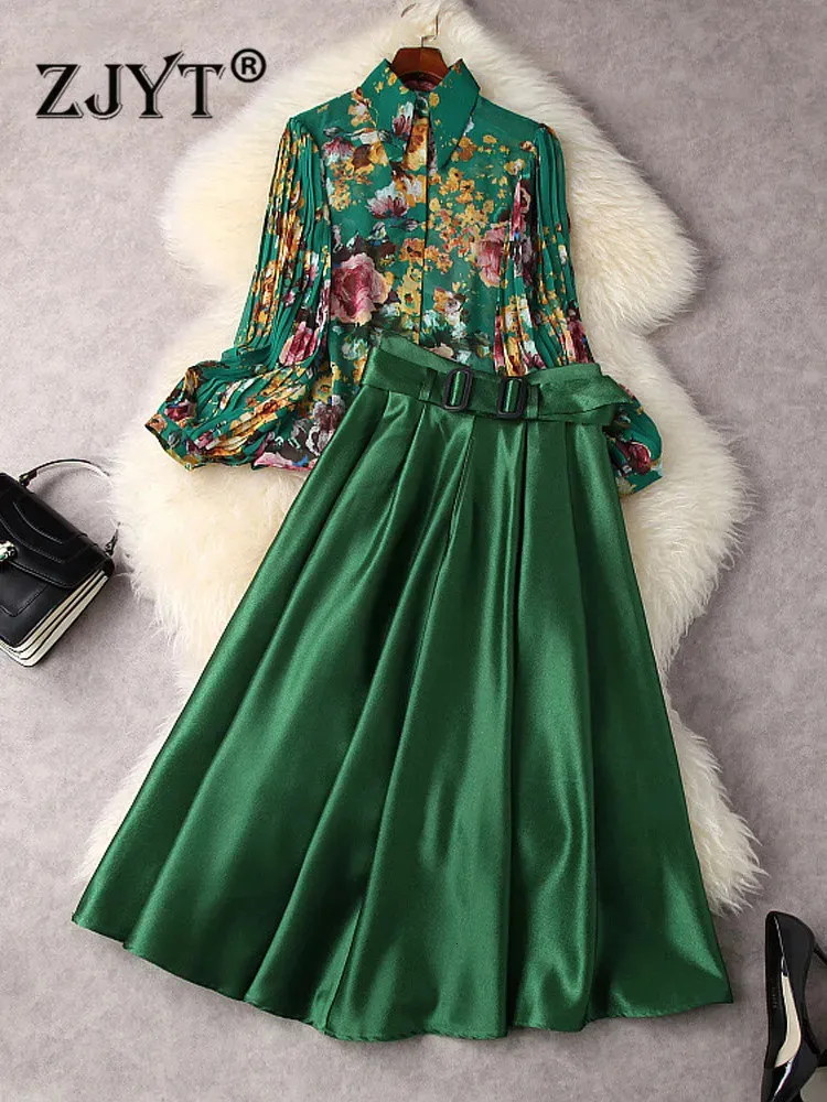 Zjyt Designer Fashion Lantern Sleeve Print Chiffon Bluse und hohe Taillenrock -Set Womens Green Outfit 2 Stück Kleid Anzüge Spring 231227