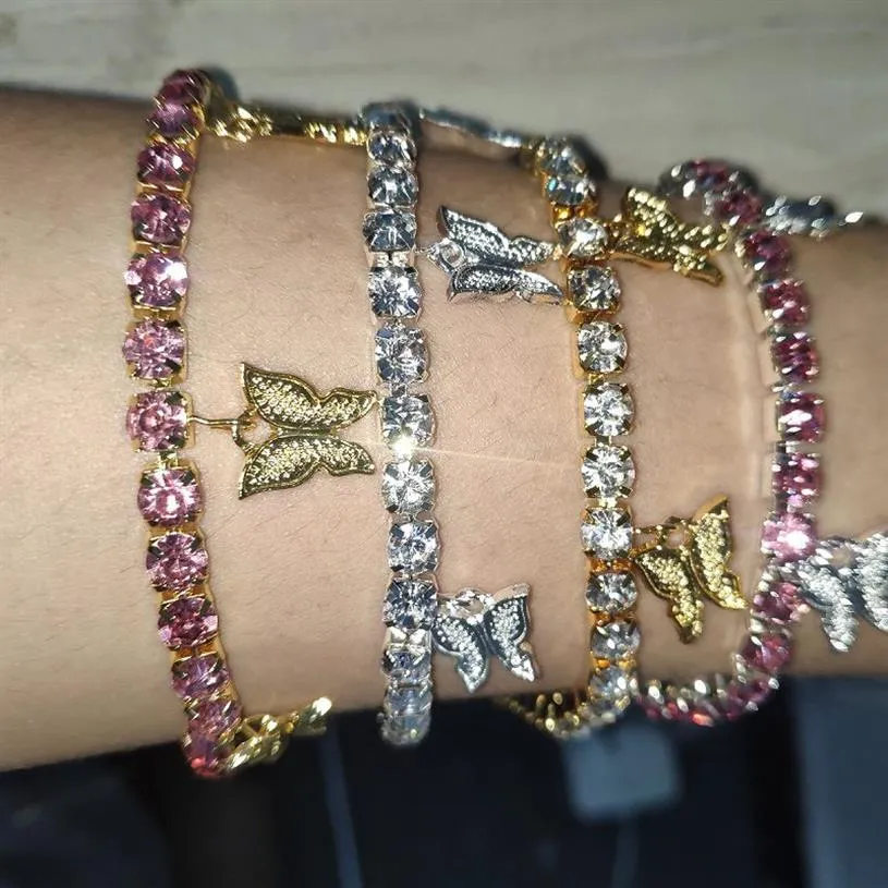 Pulseras de tenis de mariposa de lujo para mujer, pulsera con dijes de animales chapados en oro y plata, cadenas heladas, diamantes de imitación brillantes de moda Diam303z