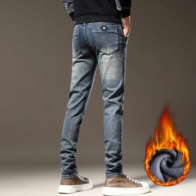 Jeans polaire pour hommes, Vintage, élastique, Slim, épais, chaud, en velours, mode coréenne, en peluche, Denim extensible, 2023, 231228