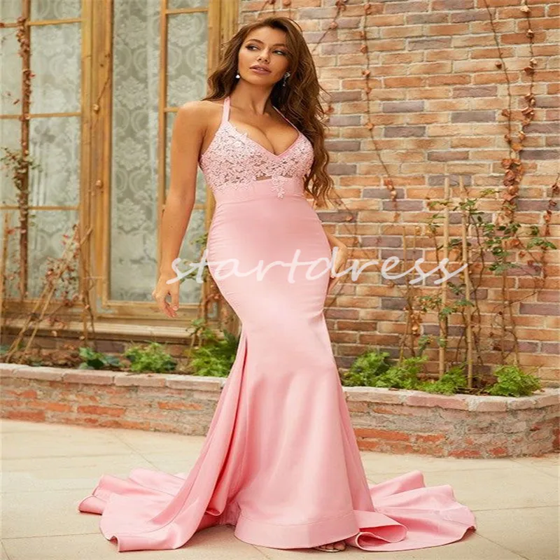 Simple Pink Prom Dress Sexy Halter Neck Lace Mermaid Tight Evening Dress Backless Sweep Train Formal Party Dress Korean Birthday Occasion Engagement Dress 2024