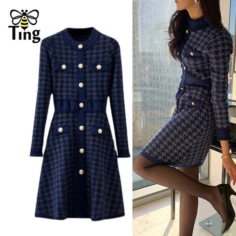 Tingfly femmes hiver automne robe tricotée pied-de-poule bouton décor maigre dame une ligne tricots décontracté Mini robes courtes 231228