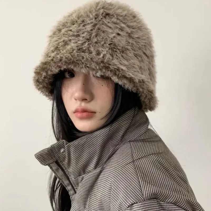 Hiver chaud fourrure seau chapeau lapin cheveux tricoté casquette en peluche fourrure en peluche Couple chapeau femmes pêcheur chapeau épaissi seau chapeau 231228