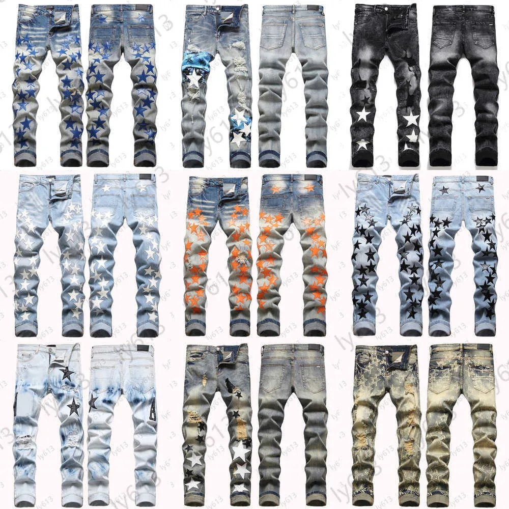 Designers Pants Amirs Jeans For Mens High Street Hip Hop Ripped Jean Pant Fashion Pattern Print Stretch Slim Trouser Handsome Designer Jeans