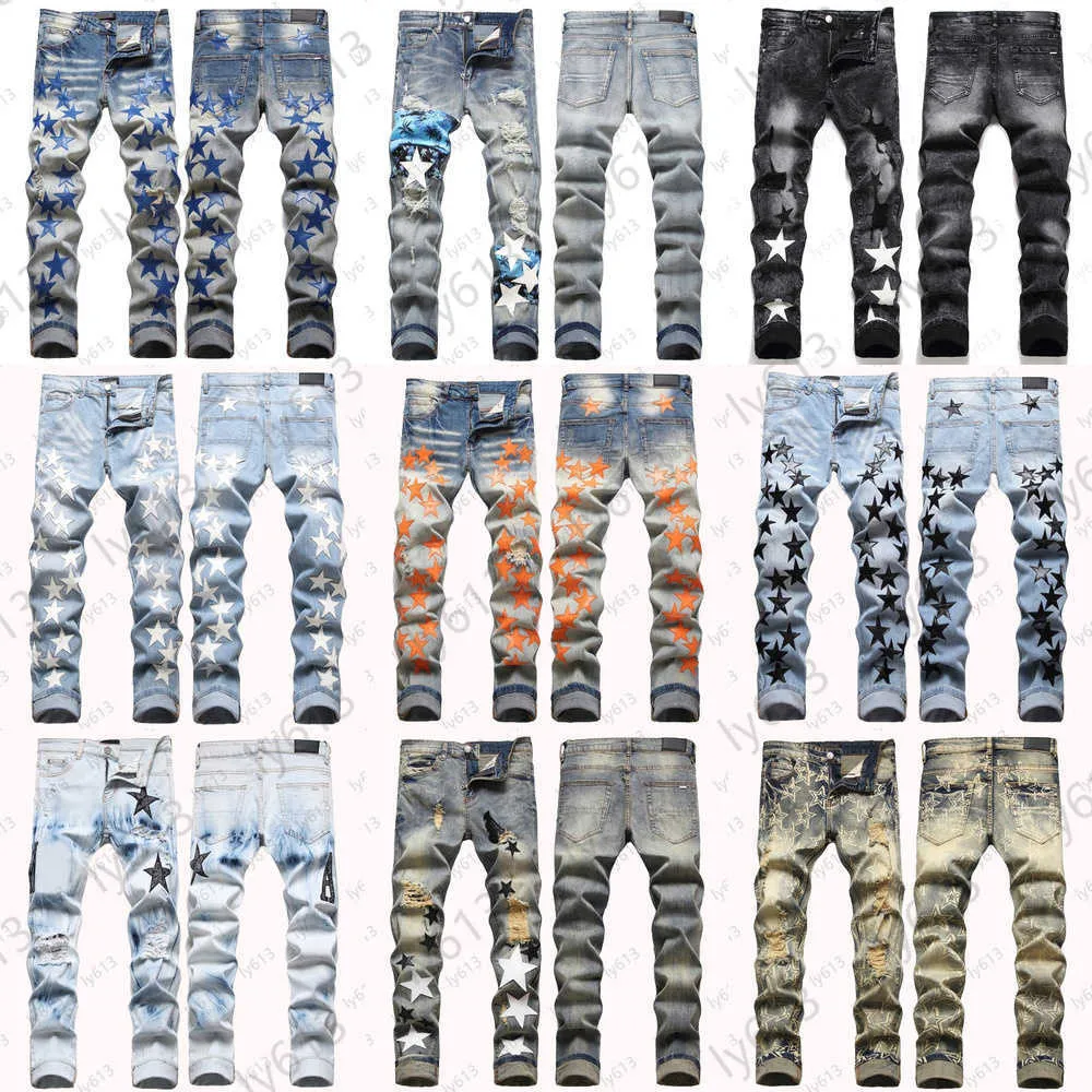 Tasarımcılar pantolon amirs kot pantolon erkek yüksek cadde hip hop yırtık jean pant moda desen baskısı streç ince pantolon yakışıklı tasarımcı kot pantolon