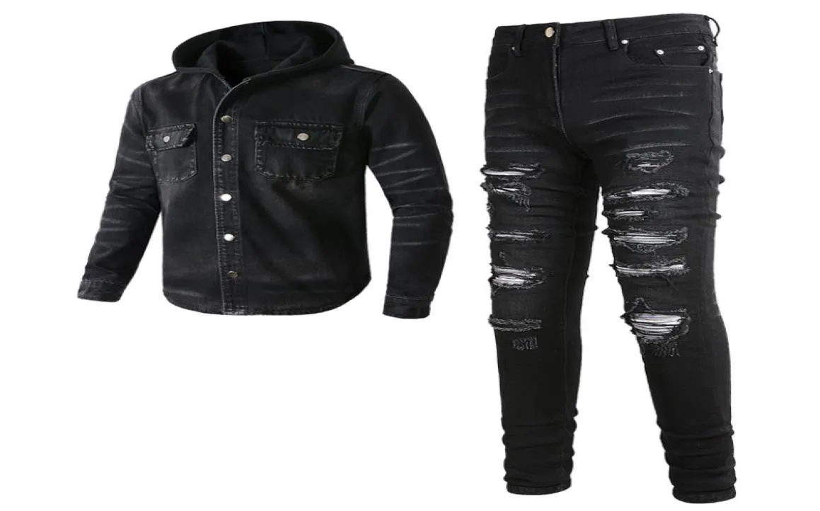 2023 Takipler Punk Street Men039s Siyah 2pcs Jeans Setleri Bahar kapüşonlu denim ceket ve yırtık yama streç pantolonlar vintage Men9953850