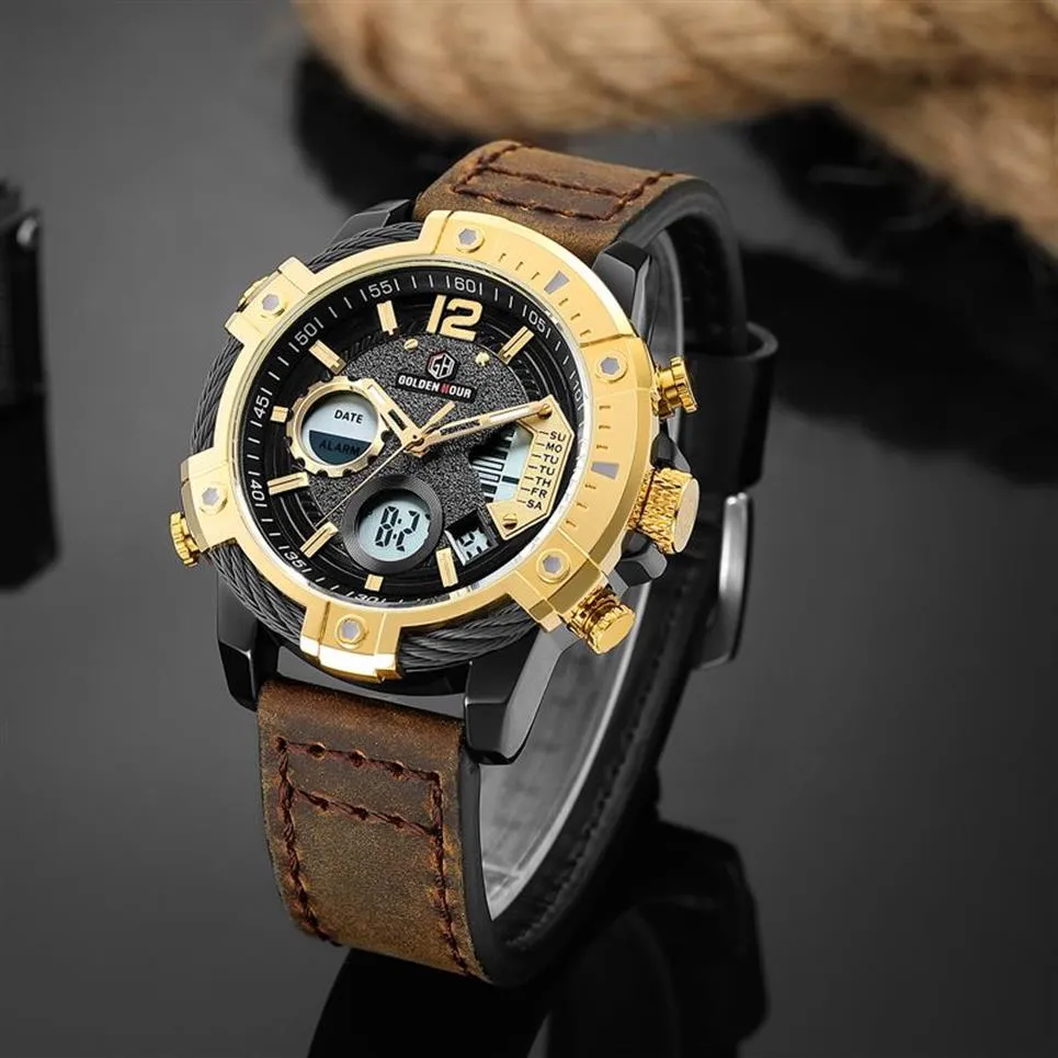 Reloj Hombre GOLDENHOUR hommes montre automatique Sport numérique étanche mâle horloge cuir armée homme montre Relogio Masculino256B