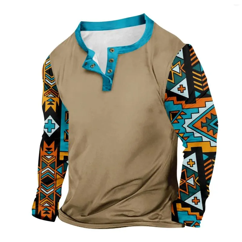 Men's T Shirts Selling Ethnic Printed T-Shirts Outdoor Retro V-Neck Button Top Spring Long Sleeved Fashionable Sports T-Shirt
