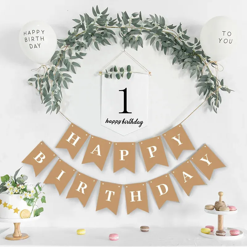 1 Set Happy Birthday Banner Garland 19th White Bunting First Supplies Baby Shower Hundred Days Decoration 231227