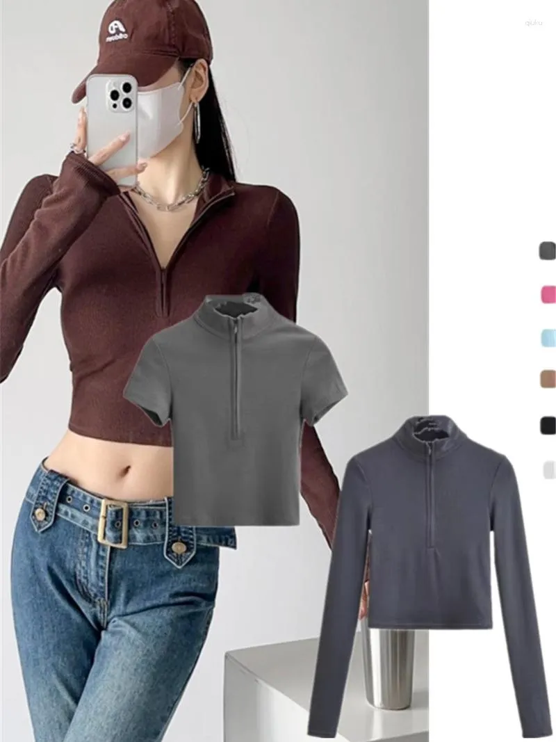 Women's T Shirts Zipper Short Slim Long Sleeve T-shirt Top Bottoming Shirt