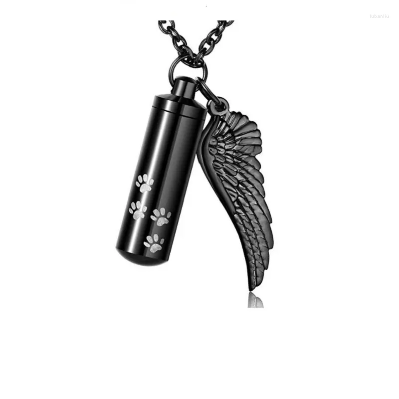 Correntes IJMD0074 Black Color Angel Wing Charm Cylinder Memorial Memorial Colar Jóias de Cremação de Aço Antelhado para Cinzas