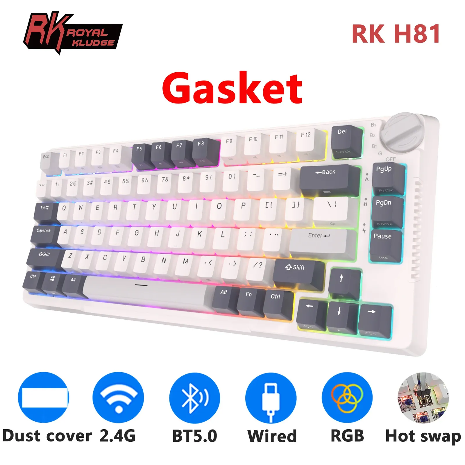 Rk h81 royal kludge gaxeta estrutura trimode teclado mecânico 81 teclas 80% rgb retroiluminado 24g sem fio bluetooth gamer 231228